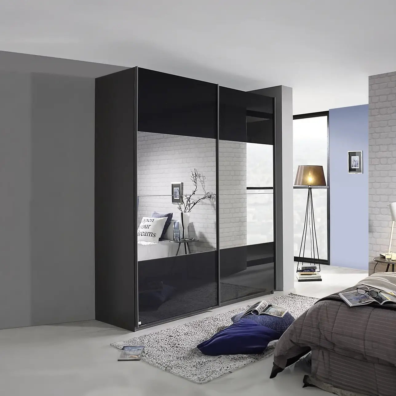 Rauch Forms Basalt Glass 2 Door Sliding Wardrobe with Mirror