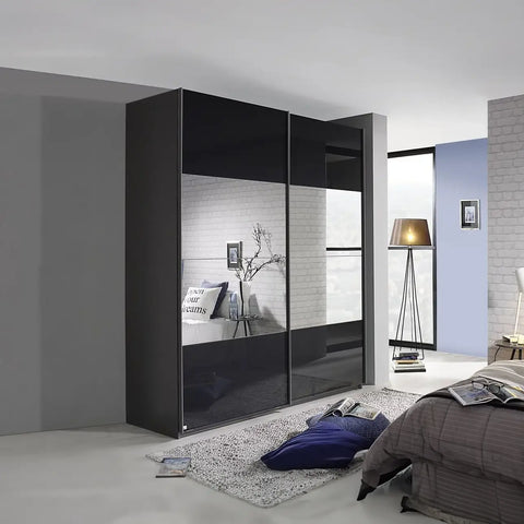 Rauch Forms Black Glass and Mirror Sliding Door Wardrobe