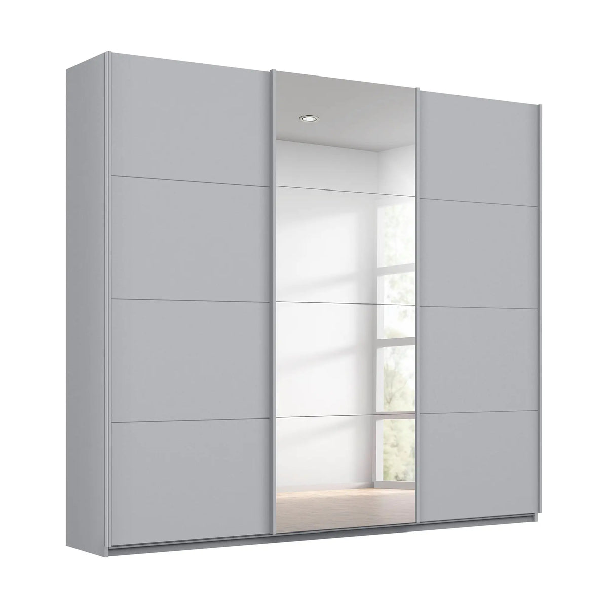 Rauch Forms 3 Door Sliding Wardrobe in Silk Grey with Middle Mirror door and Matching Door Handles. Available in Small (203cm) and Large (271cm) widths, with options for 210cm or 229cm height. Designed for bedroom storage with customisable interior Pendle Village Furniture Wardrobes - Main Image