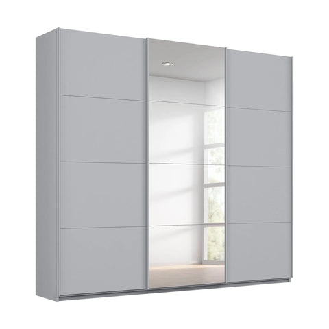 Rauch Forms 3 Door Sliding Wardrobe in Silk Grey with Middle Mirror door and Matching Door Handles. Available in Small (203cm) and Large (271cm) widths, with options for 210cm or 229cm height. Designed for bedroom storage with customisable interior Pendle Village Furniture Wardrobes - Main Image