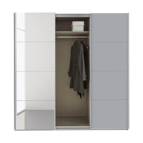 Rauch Forms 3 Door Sliding Wardrobe in Silk Grey with Middle Mirror door and Matching Door Handles. Available in Small (203cm) and Large (271cm) widths, with options for 210cm or 229cm height. Designed for bedroom storage with customisable interior Pendle Village Furniture Wardrobes - Middle Door Open to See Inside Wardrobe