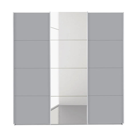 Rauch Forms 3 Door Sliding Wardrobe in Silk Grey with Middle Mirror door and Matching Door Handles. Available in Small (203cm) and Large (271cm) widths, with options for 210cm or 229cm height. Designed for bedroom storage with customisable interior Pendle Village Furniture Wardrobes - Front View