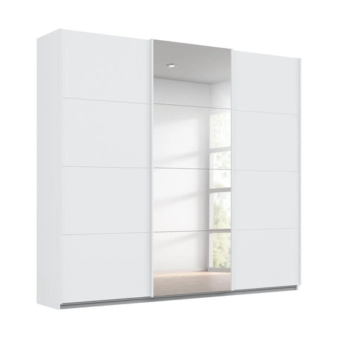 Rauch Forms 3 Door Sliding Wardrobe in Alpine White with Middle Mirror door and White Handles. Available in Small (203cm) and Large (271cm) widths, with options for 210cm or 229cm height. Designed for bedroom storage with customisable interior Pendle Village Furniture Wardrobes - Main Image