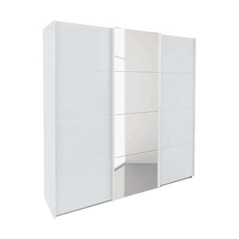 Rauch Forms 3 Door Sliding Wardrobe in Alpine White with Middle Mirror door and White Handles. Available in Small (203cm) and Large (271cm) widths, with options for 210cm or 229cm height. Designed for bedroom storage with customisable interior Pendle Village Furniture Wardrobes - Side View