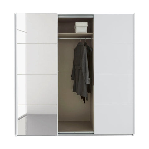 Rauch Forms 3 Door Sliding Wardrobe in Alpine White with Middle Mirror door and White Handles. Available in Small (203cm) and Large (271cm) widths, with options for 210cm or 229cm height. Designed for bedroom storage with customisable interior Pendle Village Furniture Wardrobes - Middle door open to show inside wardrobe