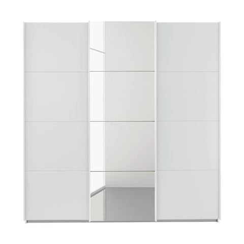 Rauch Forms 3 Door Sliding Wardrobe in Alpine White with Middle Mirror door and White Handles. Available in Small (203cm) and Large (271cm) widths, with options for 210cm or 229cm height. Designed for bedroom storage with customisable interior Pendle Village Furniture Wardrobes - Front View