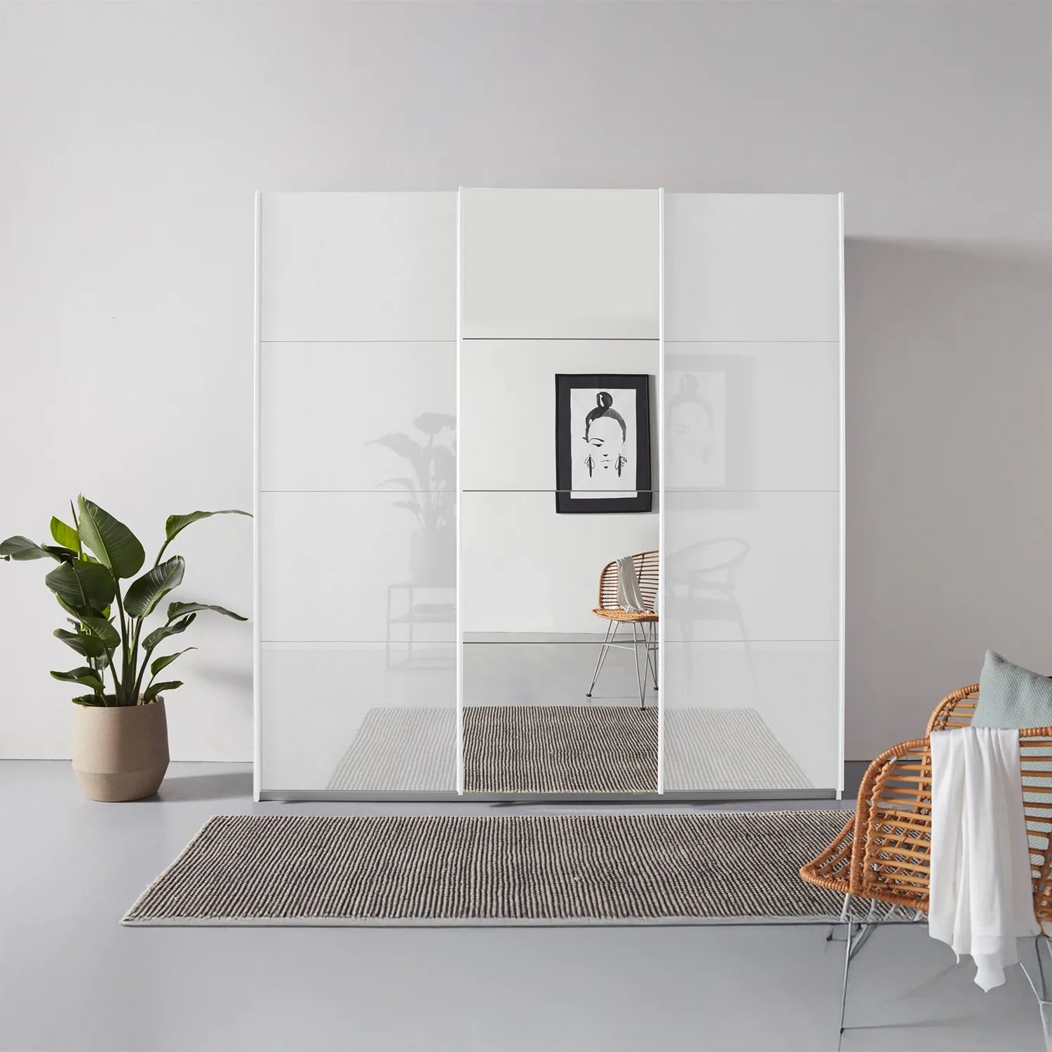 Rauch Forms White High Gloss Sliding 3 Door Wardrobe with Mirror