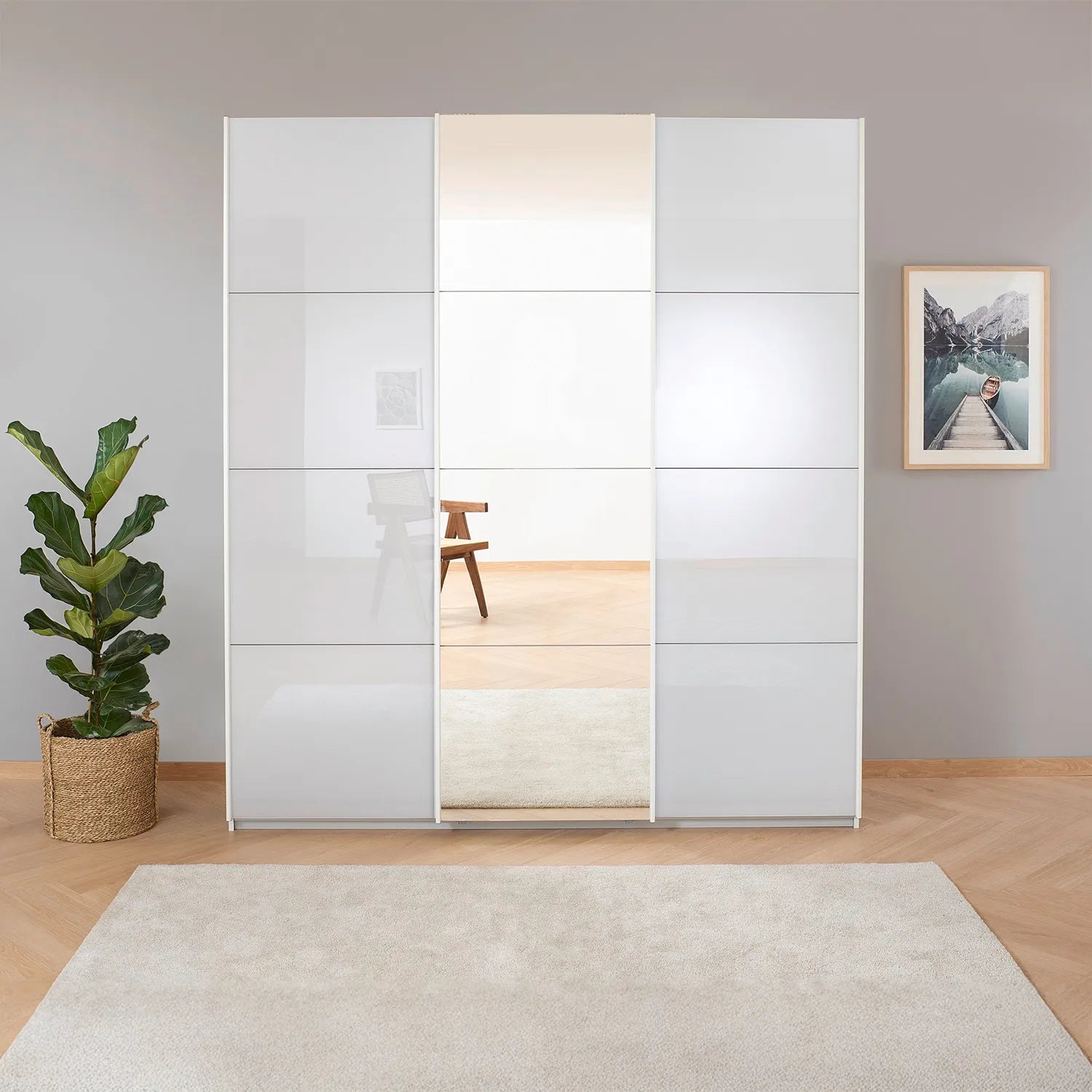 Rauch Forms White Glass and Mirror Front 3 Door Sliding Wardrobe 