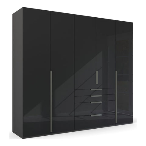 Rauch Frans 250cm Wardrobe Black Glass 5 Door wardrobe with mirror and drawers, Size: Width 250cm Height 223cm Depth 60cm. Front Finish Glass, Free Delivery and Assembly included in price - 001