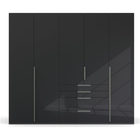 Rauch Frans 250cm Wardrobe Black Glass 5 Door wardrobe with mirror and drawers, Size: Width 250cm Height 223cm Depth 60cm. Front Finish Glass, Free Delivery and Assembly included in price - 002