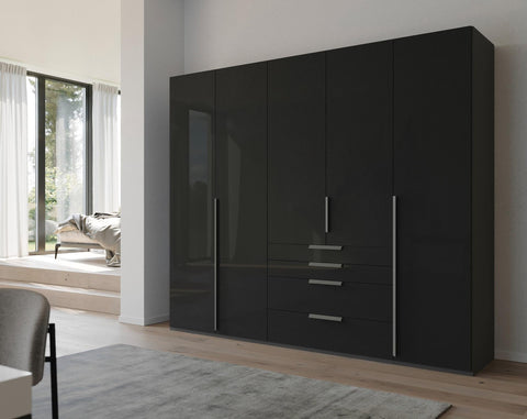 Rauch Frans 250cm Wardrobe Black Glass 5 Door wardrobe with mirror and drawers, Size: Width 250cm Height 223cm Depth 60cm. Front Finish Glass, Free Delivery and Assembly included in price - 003