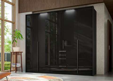 Rauch Frans 250cm Wardrobe Black Glass 5 Door wardrobe with mirror and drawers, Size: Width 250cm Height 223cm Depth 60cm. Front Finish Glass, Free Delivery and Assembly included in price - 004