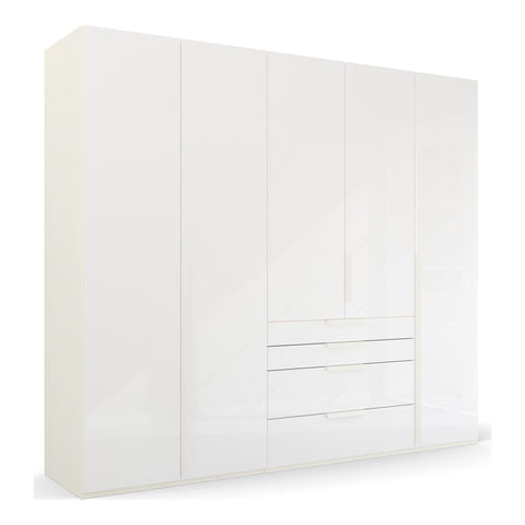 Rauch Frans 250cm White Wardrobe 5 Door with  drawers and mirror, Size: Width 250cm Height 223cm Depth 60cm. Front Finish Glass, Free Delivery and Assembly included in price - 002