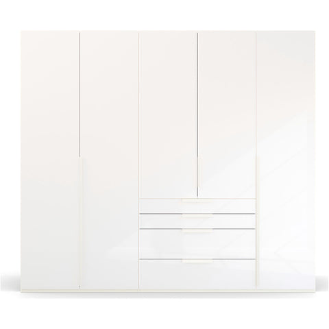 Rauch Frans 250cm White Wardrobe 5 Door with  drawers and mirror, Size: Width 250cm Height 223cm Depth 60cm. Front Finish Glass, Free Delivery and Assembly included in price - 001