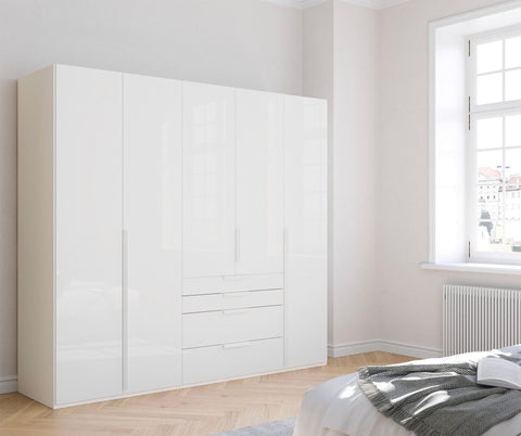 Rauch Frans 250cm White Wardrobe 5 Door with  drawers and mirror, Size: Width 250cm Height 223cm Depth 60cm. Front Finish Glass, Free Delivery and Assembly included in price - 003