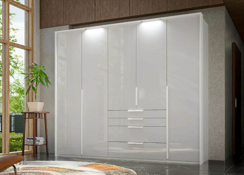 Rauch Frans 250cm White Wardrobe 5 Door with  drawers and mirror, Size: Width 250cm Height 223cm Depth 60cm. Front Finish Glass, Free Delivery and Assembly included in price - 004