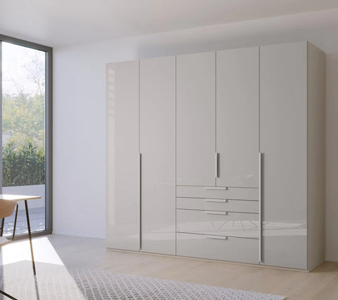 Rauch Frans Silk Grey Glass 5 Door wardrobe with mirror and drawers, Size: Width 250cm Height 223cm Depth 60cm. Front Finish Glass, Free Delivery and Assembly included in price - 003