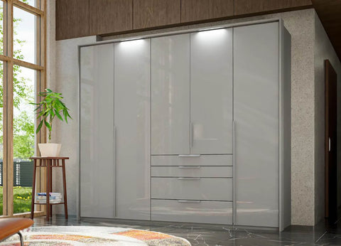 Rauch Frans Silk Grey Glass 5 Door wardrobe with mirror and drawers, Size: Width 250cm Height 223cm Depth 60cm. Front Finish Glass, Free Delivery and Assembly included in price - 002