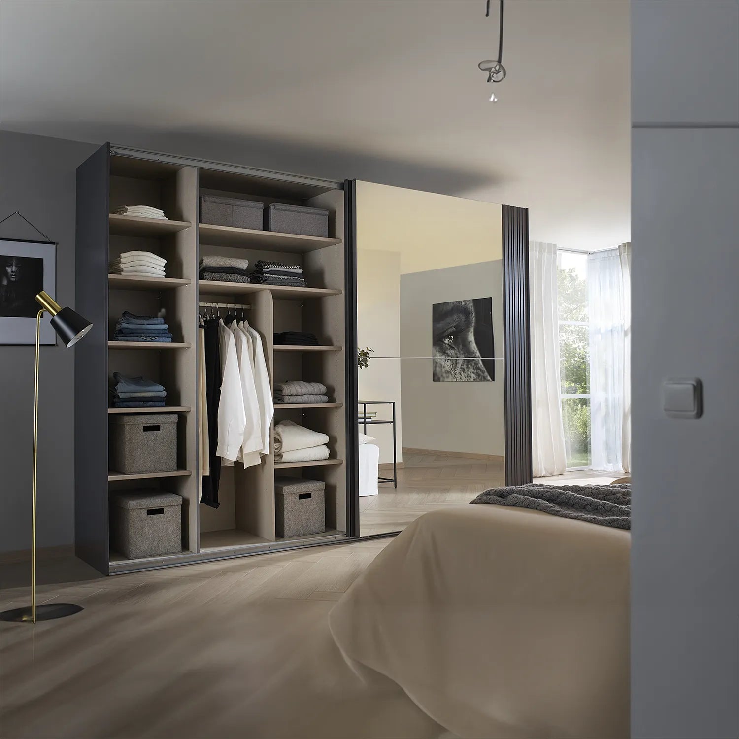 Rauch Cameo Graphite with Basalt Glass Sliding Door Wardrobe