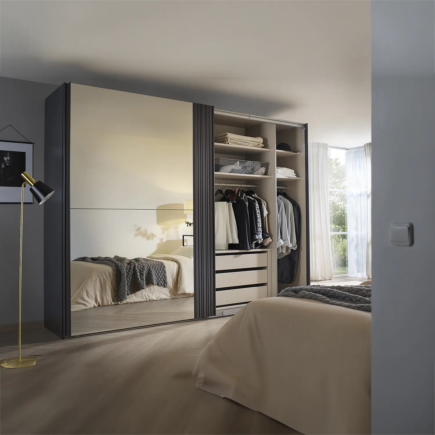 Rauch Cameo Graphite Sliding Door Wardrobe with Mirror