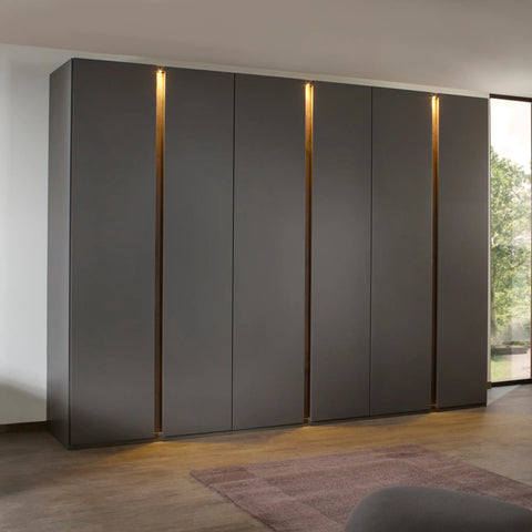 Larisa 301cm Graphite & Atlantic Oak Hinged 6 Door Wardrobe, also available in Champagne - Lifestyle Image 