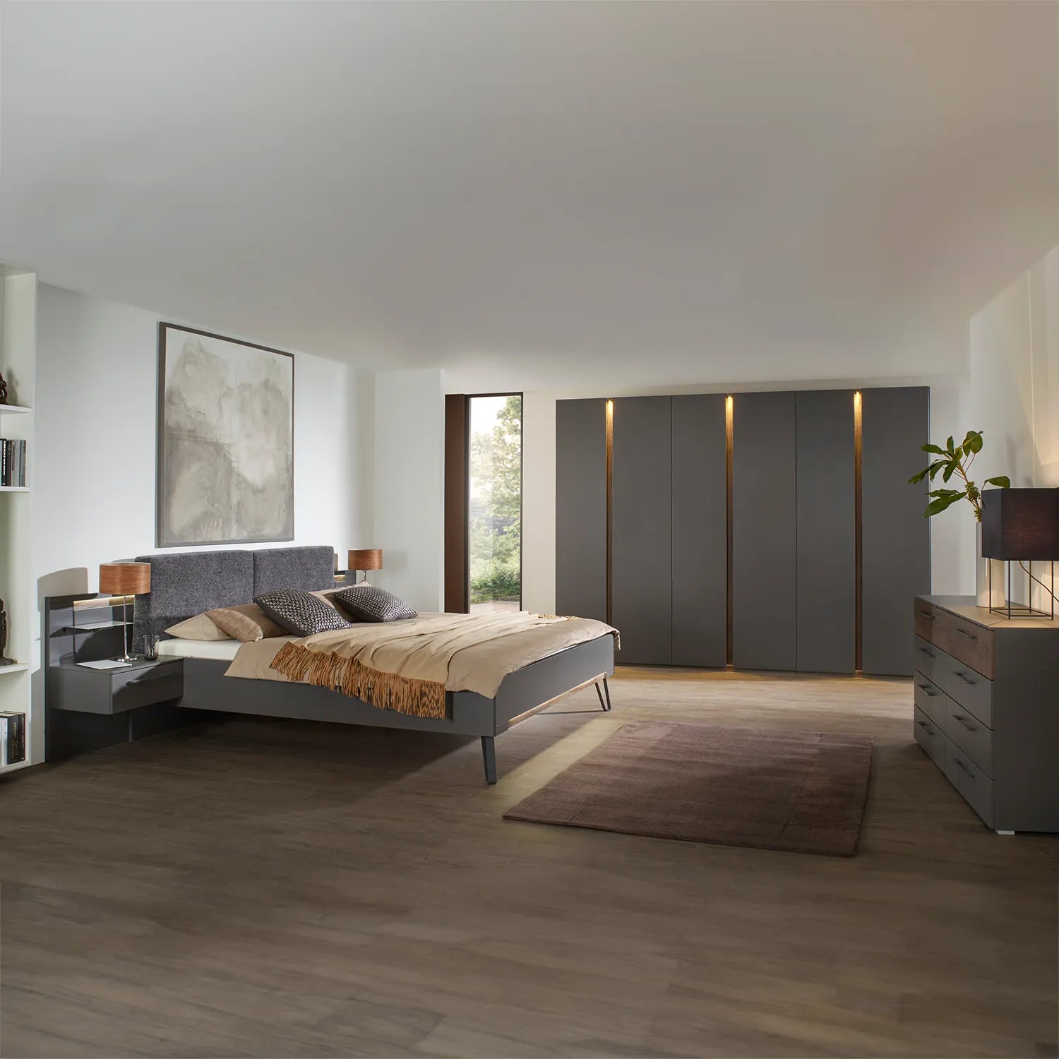 Larisa 301cm Graphite & Atlantic Oak Hinged 6 Door Wardrobe, also available in Champagne - Wardrobe in Bedroom Setting