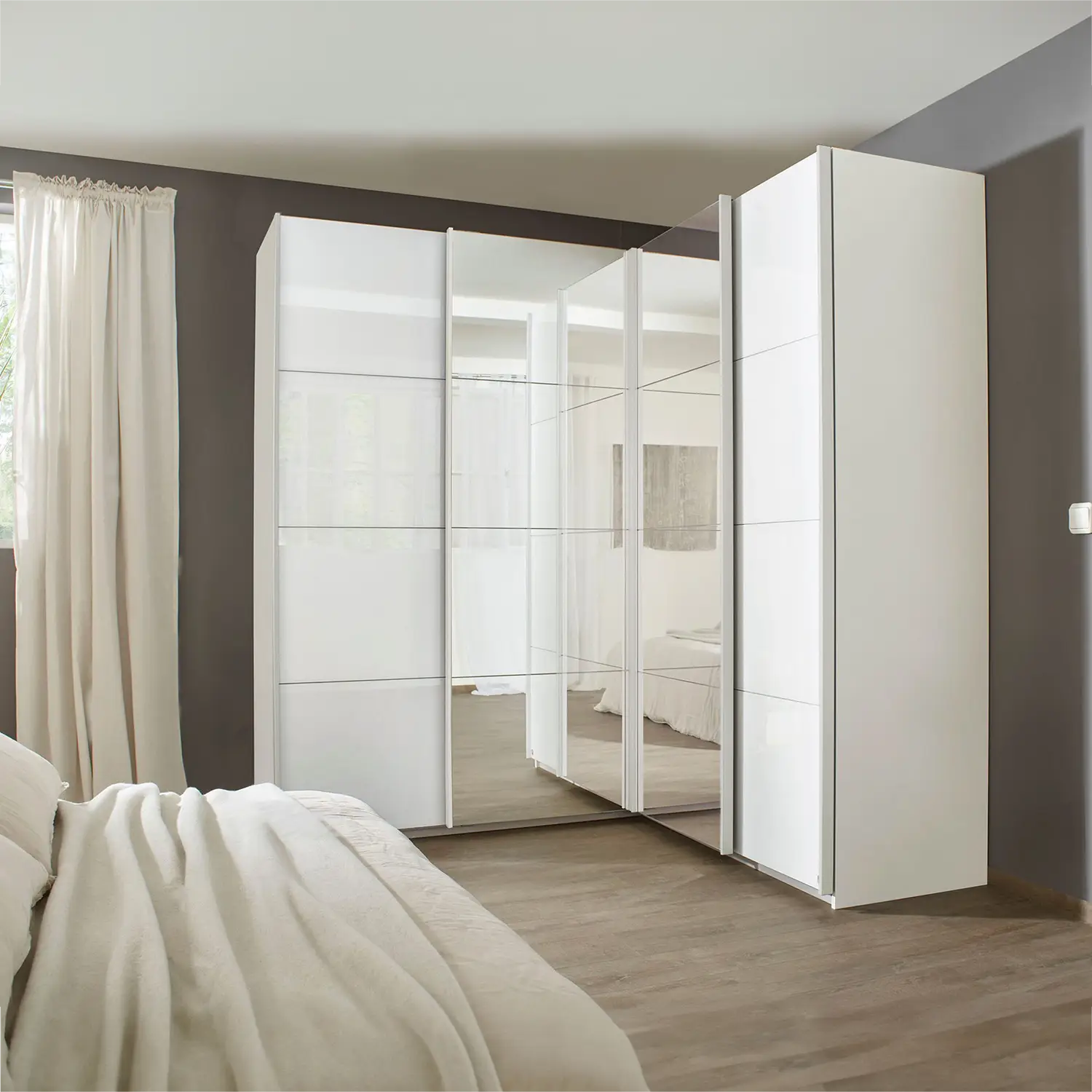 Rauch Lema 4 Door Sliding Corner Wardrobe - White High Gloss