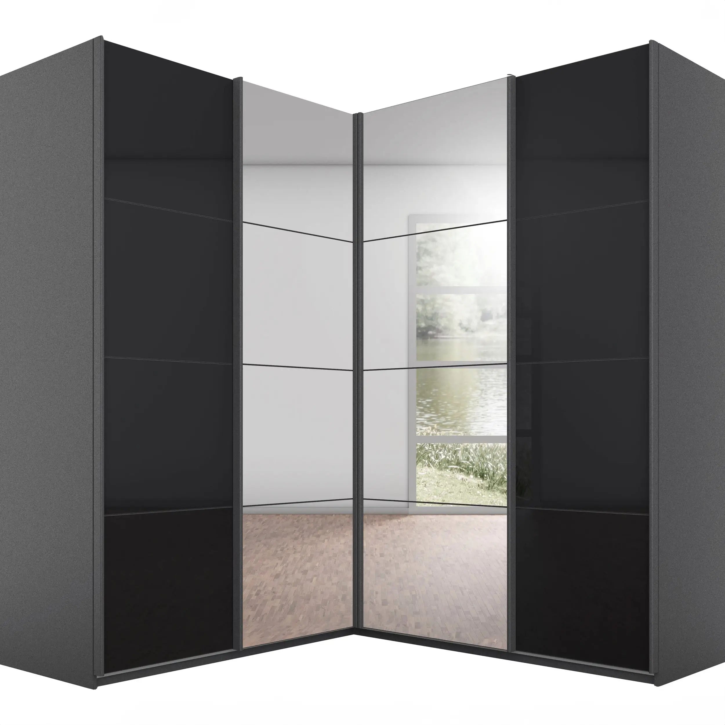 Rauch Lema 4 Door Sliding Corner Wardrobe - Basalt Glass