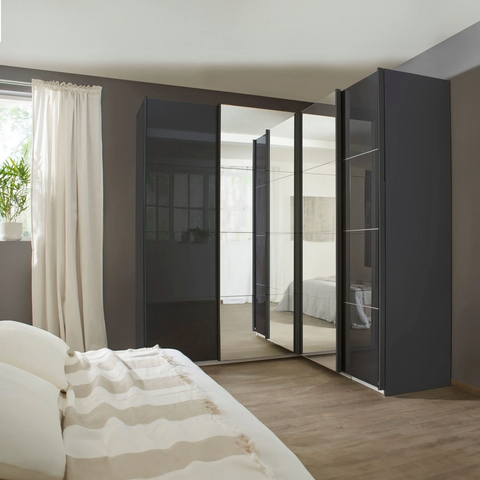 Rauch Lema 4 Door Sliding Corner Wardrobe in Metallic Grey Glass, also available in White Glass and Silk Grey Glass and Matte - Lifestyle Image