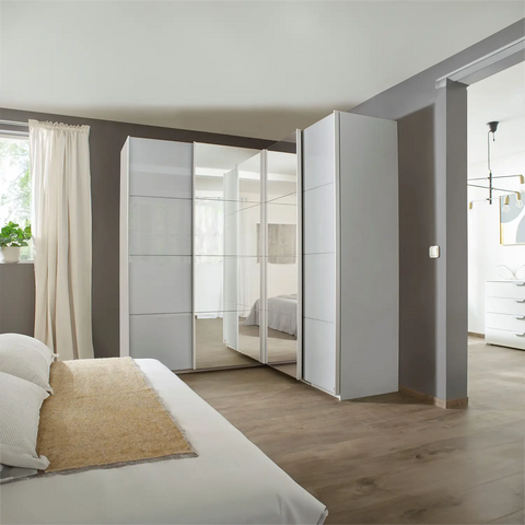 Rauch Lema 4 Door Sliding Corner Wardrobe in Silk Grey Glass, also available in White Glass and Basalt Glass - Lifestyle Image 