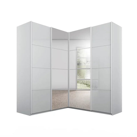 Rauch Lema 4 Door Sliding Corner Wardrobe in Silk Grey Glass, also available in White Glass and Basalt Glass - Main Image 