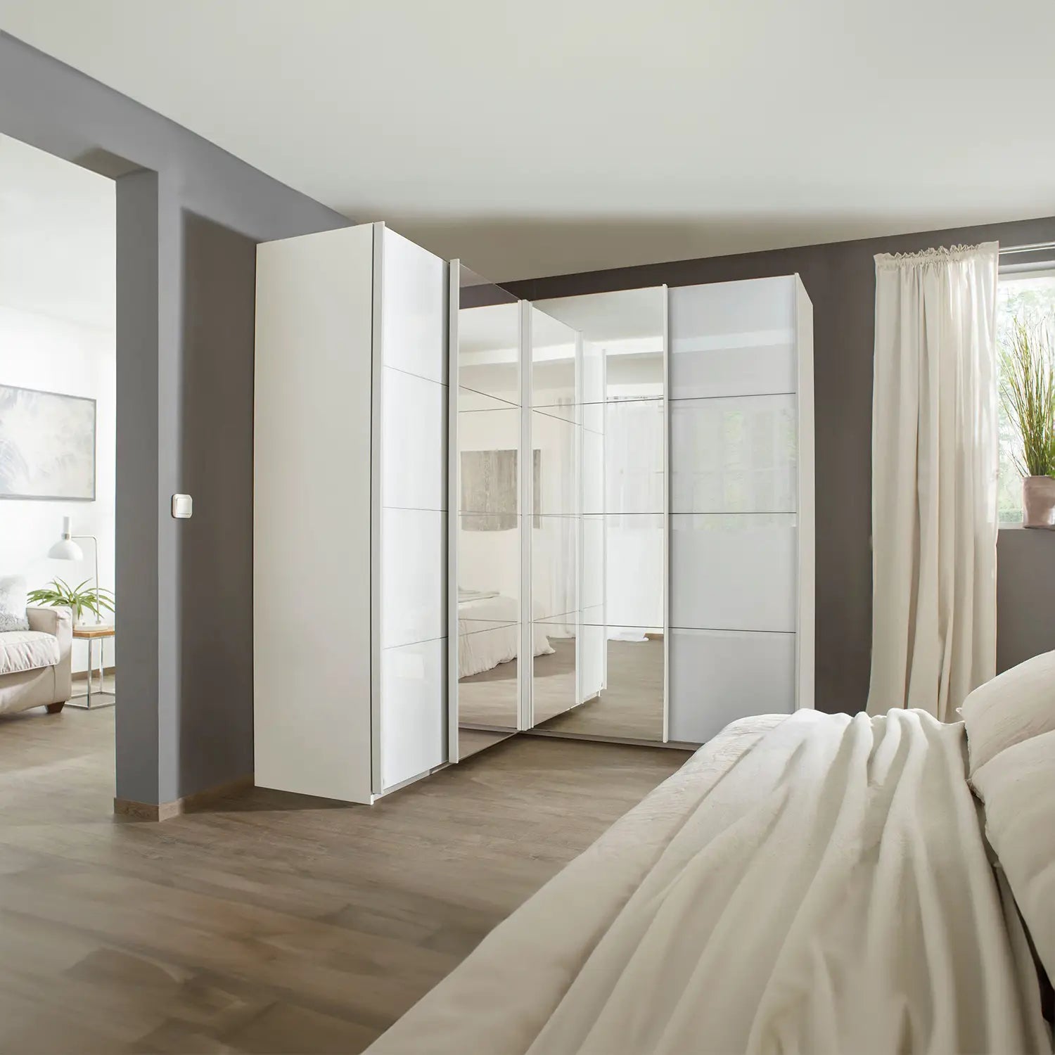 Rauch Lema 4 Door Sliding Corner Wardrobe - White Glass