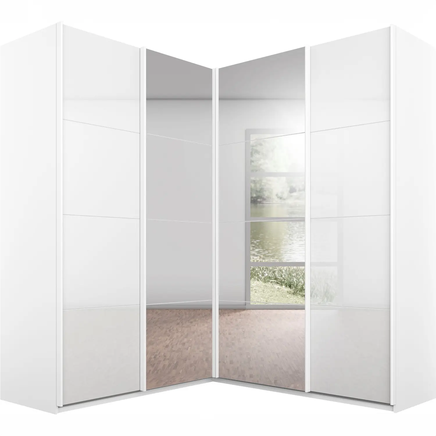 Rauch Lema 4 Door Sliding Corner Wardrobe - White Glass