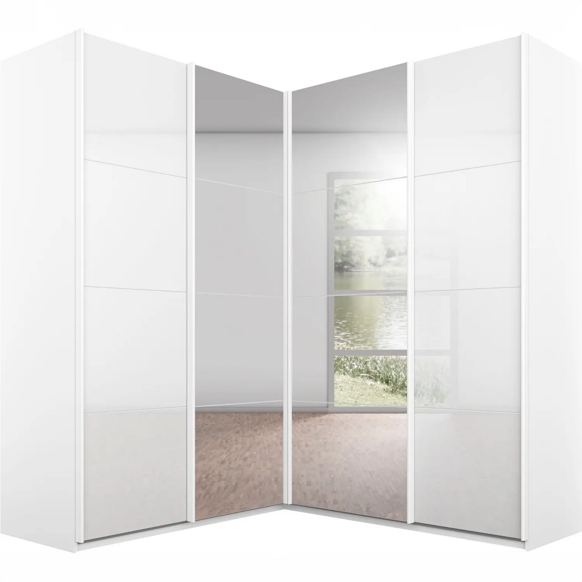 Lima 181cm 4 Door Corner Sliding Wardrobe with 2 Glass Doors and 2 Mirror Doors 210cm Tall