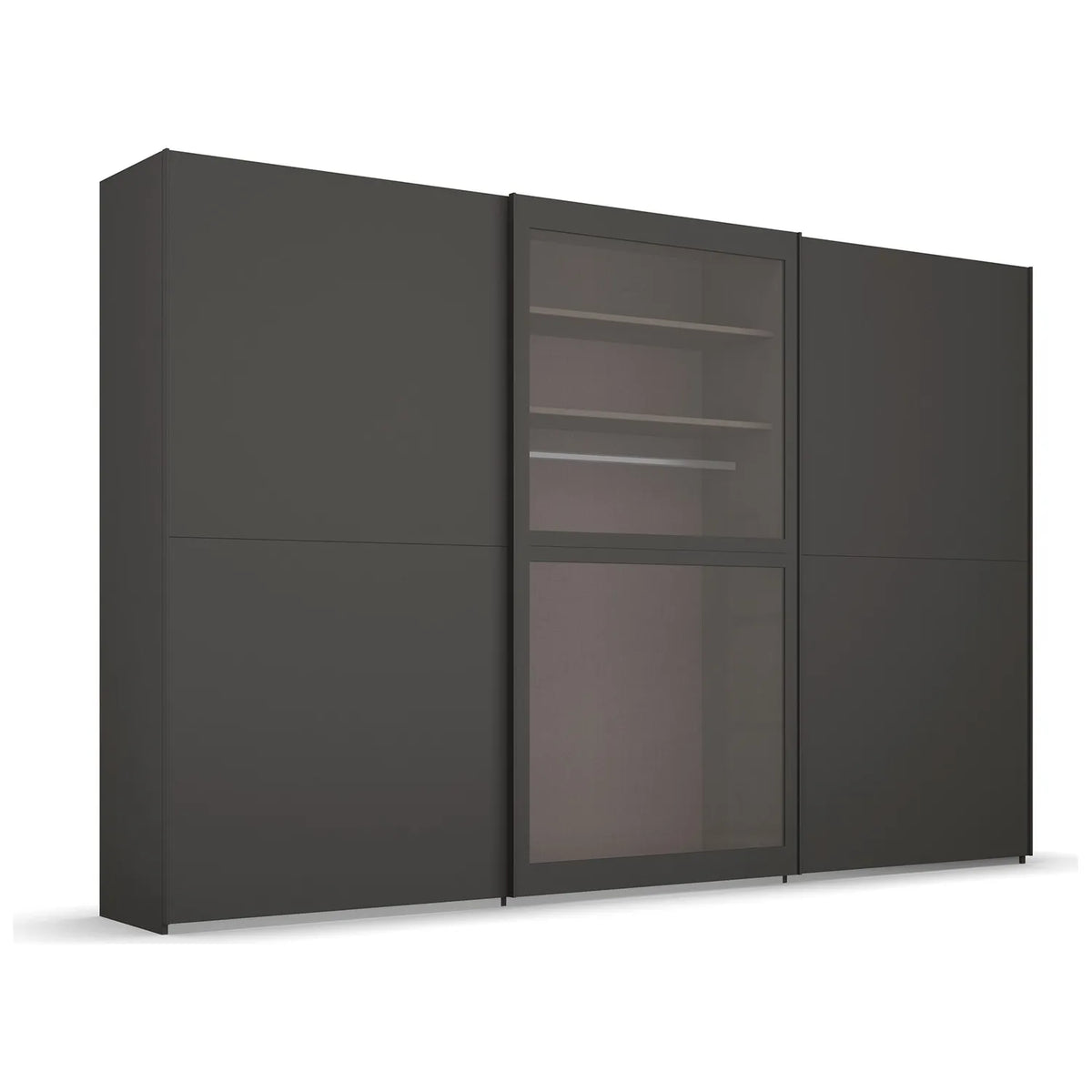 Lumis 3 Door Sliding Wardrobe, A spacious and stylish 3-door sliding wardrobe in graphite finish, perfect for modern bedrooms. Dimensions: Width 300cm, Height 223cm, Depth 68cm. Free delivery and assembly included. The middle door is equipped with transparent glass for added elegance. - Main Image