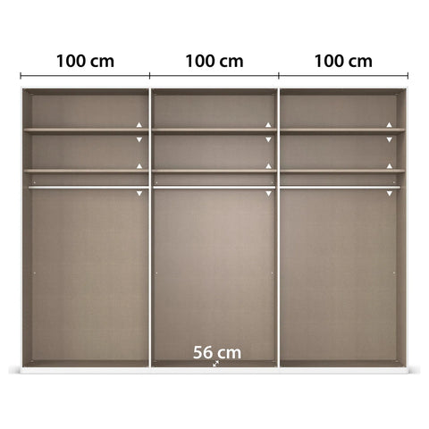 Lumis 3 Door Sliding Wardrobe, A spacious and stylish 3-door sliding wardrobe in graphite finish, perfect for modern bedrooms. Dimensions: Width 300cm, Height 223cm, Depth 68cm. Free delivery and assembly included. The middle door is equipped with transparent glass for added elegance. - Interior Details