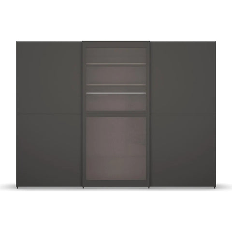 Lumis 3 Door Sliding Wardrobe, A spacious and stylish 3-door sliding wardrobe in graphite finish, perfect for modern bedrooms. Dimensions: Width 300cm, Height 223cm, Depth 68cm. Free delivery and assembly included. The middle door is equipped with transparent glass for added elegance. - Front View