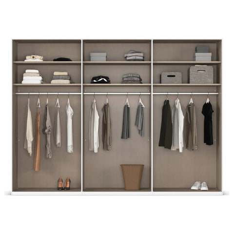 Lumis 3 Door Sliding Wardrobe, A spacious and stylish 3-door sliding wardrobe in graphite finish, perfect for modern bedrooms. Dimensions: Width 300cm, Height 223cm, Depth 68cm. Free delivery and assembly included. The middle door is equipped with transparent glass for added elegance. - Interior Details 