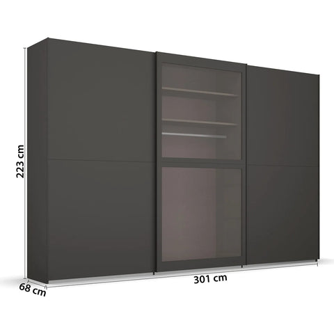 Lumis 3 Door Sliding Wardrobe, A spacious and stylish 3-door sliding wardrobe in graphite finish, perfect for modern bedrooms. Dimensions: Width 300cm, Height 223cm, Depth 68cm. Free delivery and assembly included. The middle door is equipped with transparent glass for added elegance. - Wardrobe Diemensions