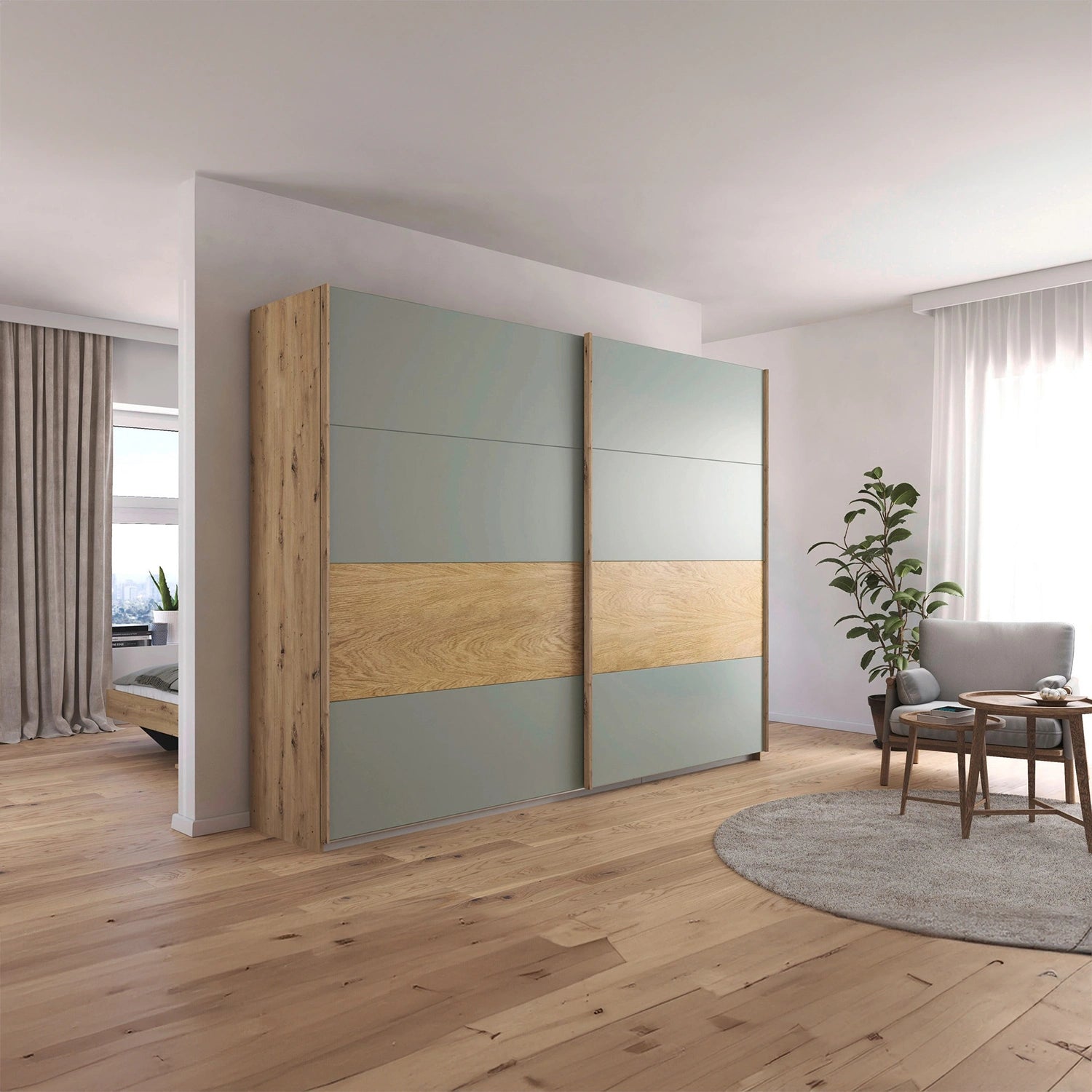 Rauch Malva 271cm Artisan Oak & Sage Green Sliding Door Wardrobe