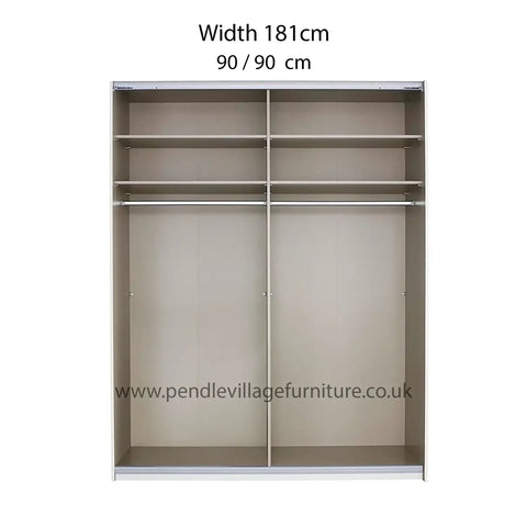 Rauch Graphite Perth Sliding Door Wardrobe, features 2 sliding doors with colour glass fronts. Available in three chic colours: White, Silk Grey, and Graphite. One of the doors is equipped with mirror pads, and you have the option to add an optional LED light that surrounds the mirror pads. Interior Details Width 181cm Size