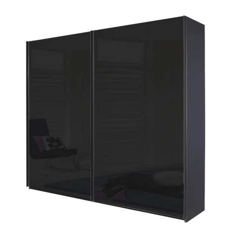 Rauch Forms Glass 2 Door Slider Wardrobe in Basalt Glass Graphite Carcase, with Matching Door Handles, Internal Compartments, and 10 Year Warranty - Side View