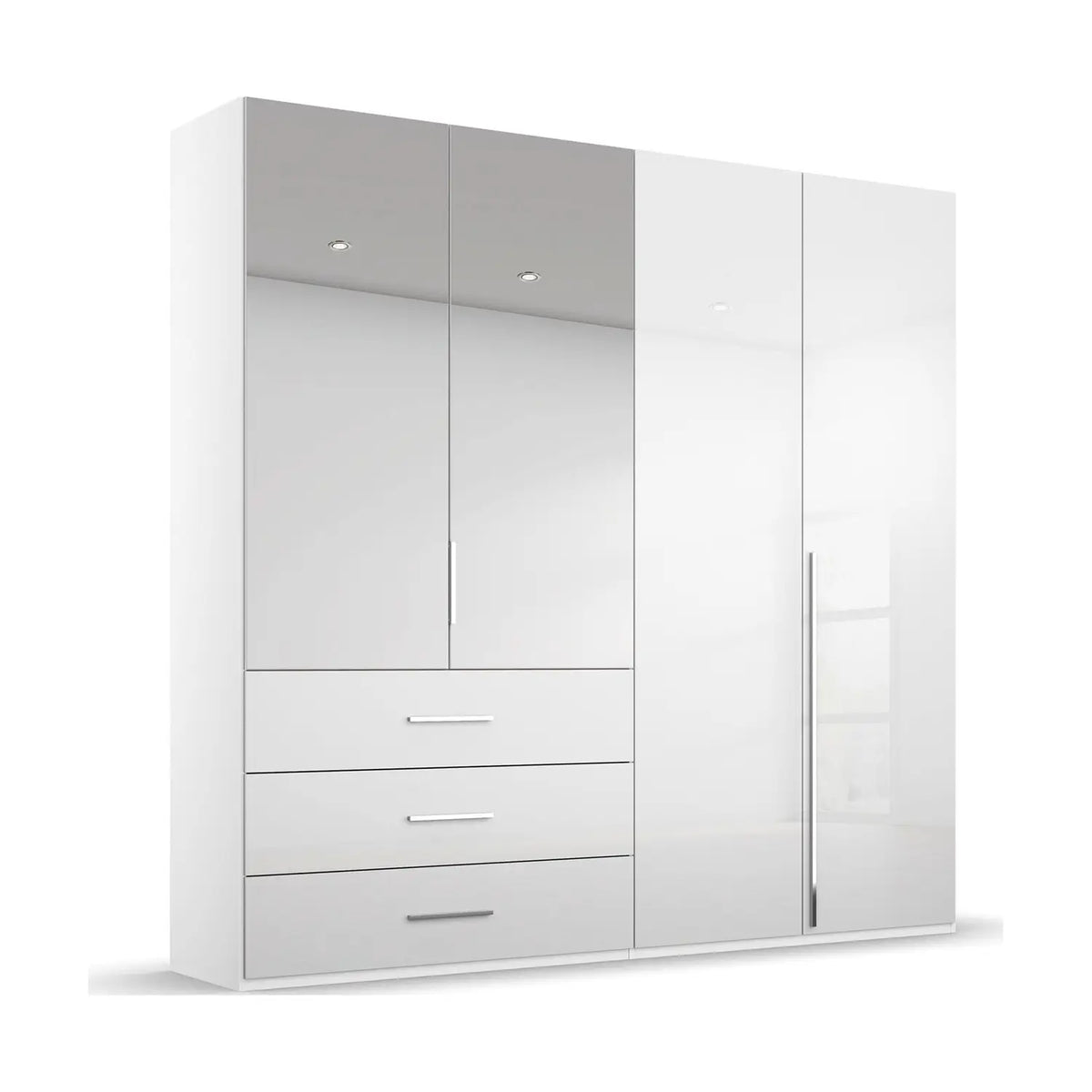 Rauch Montclar White High Gloss 4 Door Wardrobe with Drawers, Doors Above the Drawers are eqipped with Mirrors. Dimension: Width 201 Height 223 and Depth 60 cm, Has Long Chrome Door Handles. Premium Quality. We Will Deliver and Assemble for Free - Side View 