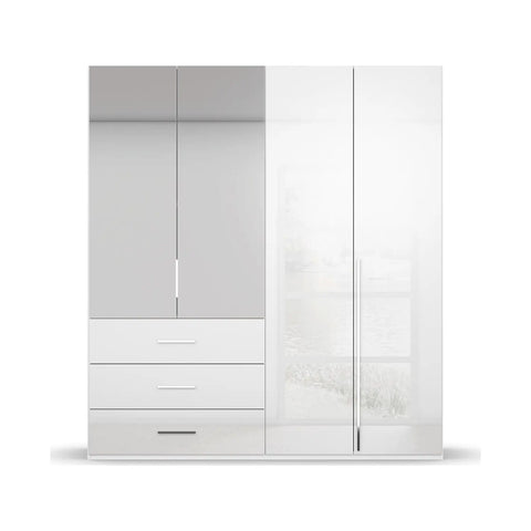 Rauch Montclar White High Gloss 4 Door Wardrobe with Drawers, Doors Above the Drawers are eqipped with Mirrors. Dimension: Width 201 Height 223 and Depth 60 cm, Has Long Chrome Door Handles. Premium Quality. We Will Deliver and Assemble for Free - Front View 