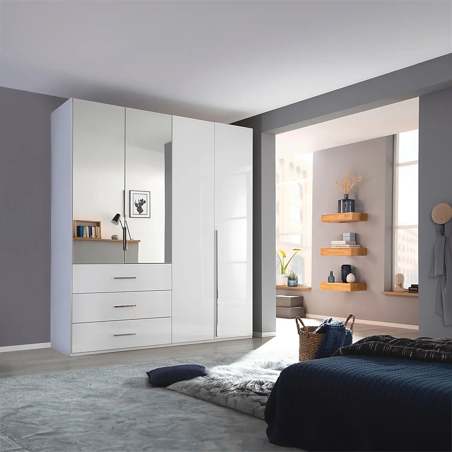 Rauch Montclar White High Gloss 4 Door Wardrobe with Drawers, Doors Above the Drawers are eqipped with Mirrors. Dimension: Width 201 Height 223 and Depth 60 cm, Has Long Chrome Door Handles. Premium Quality. We Will Deliver and Assemble for Free - Lifestyle IImage