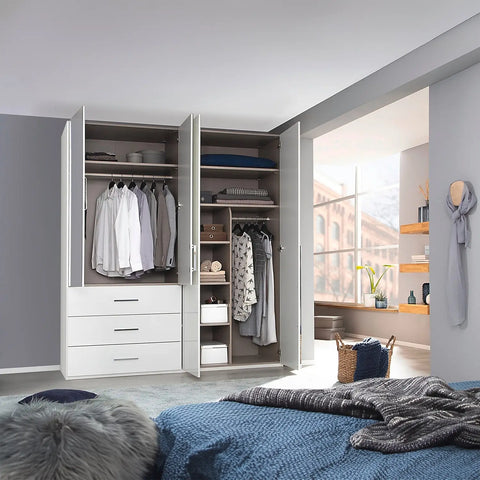 Rauch Montclar White High Gloss 4 Door Wardrobe with Drawers, Doors Above the Drawers are eqipped with Mirrors. Dimension: Width 201 Height 223 and Depth 60 cm, Has Long Chrome Door Handles. Premium Quality. We Will Deliver and Assemble for Free - Open Doors Interior View