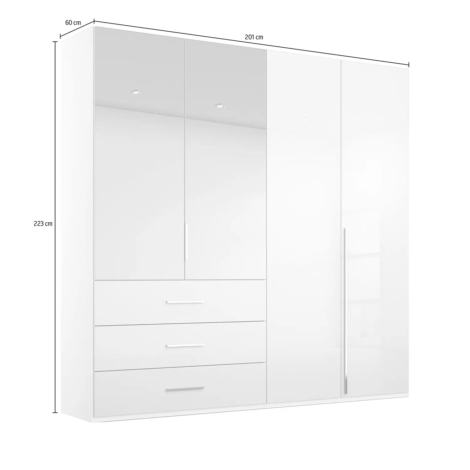 Rauch Montclar White High Gloss 4 Door Wardrobe with Drawers, Doors Above the Drawers are eqipped with Mirrors. Dimension: Width 201 Height 223 and Depth 60 cm, Has Long Chrome Door Handles. Premium Quality. We Will Deliver and Assemble for Free - Dimension Details