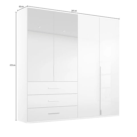 Rauch Montclar White High Gloss 4 Door Wardrobe with Drawers, Doors Above the Drawers are eqipped with Mirrors. Dimension: Width 201 Height 223 and Depth 60 cm, Has Long Chrome Door Handles. Premium Quality. We Will Deliver and Assemble for Free - Dimension Details