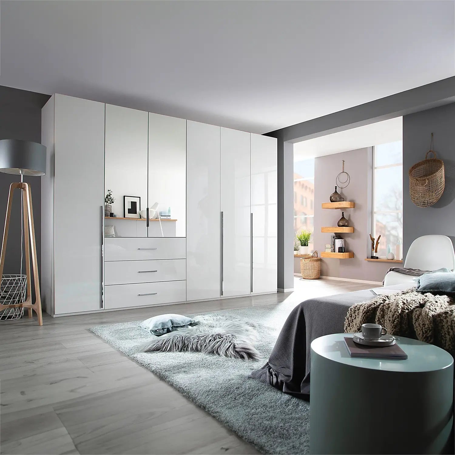 Rauch Montclar White High Gloss 6 Door Wardrobe with Drawers