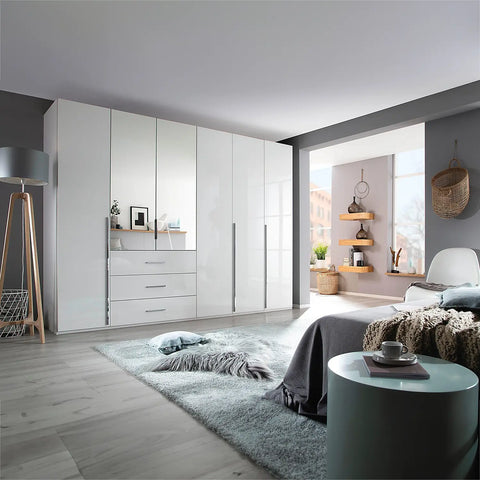 Rauch Montclar Large White High Gloss 6 Door Wardrobe with Drawers and Mirror, Dimensions: Width 301cm Height 223cm and Depth 60cm, Comes With Free Delivery and Assembly - Lifestyle Image